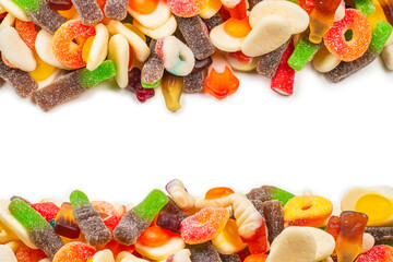Assorted gummy candies. Top view. Jelly  sweets.