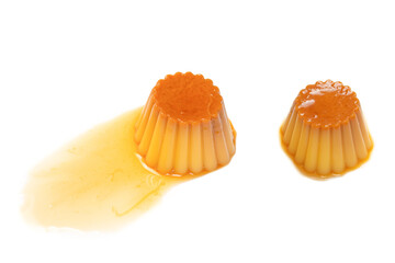 Tasty caramel pudding isolated on a white background.