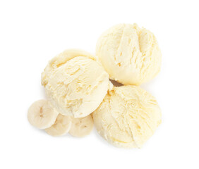 Delicious banana ice cream and fresh fruit on white background, top view