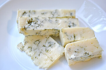 White cheese with blue mold on a plate