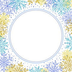 Nice vector card for holiday with blue and golden snowfall arabesques and snowflakes. Fine greeting card. Pattern with snowflakes