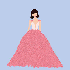 Beautiful girls in pink dresses. Gorgeous girl in pion flower dress. 
Fashion woman. Vector illustration.