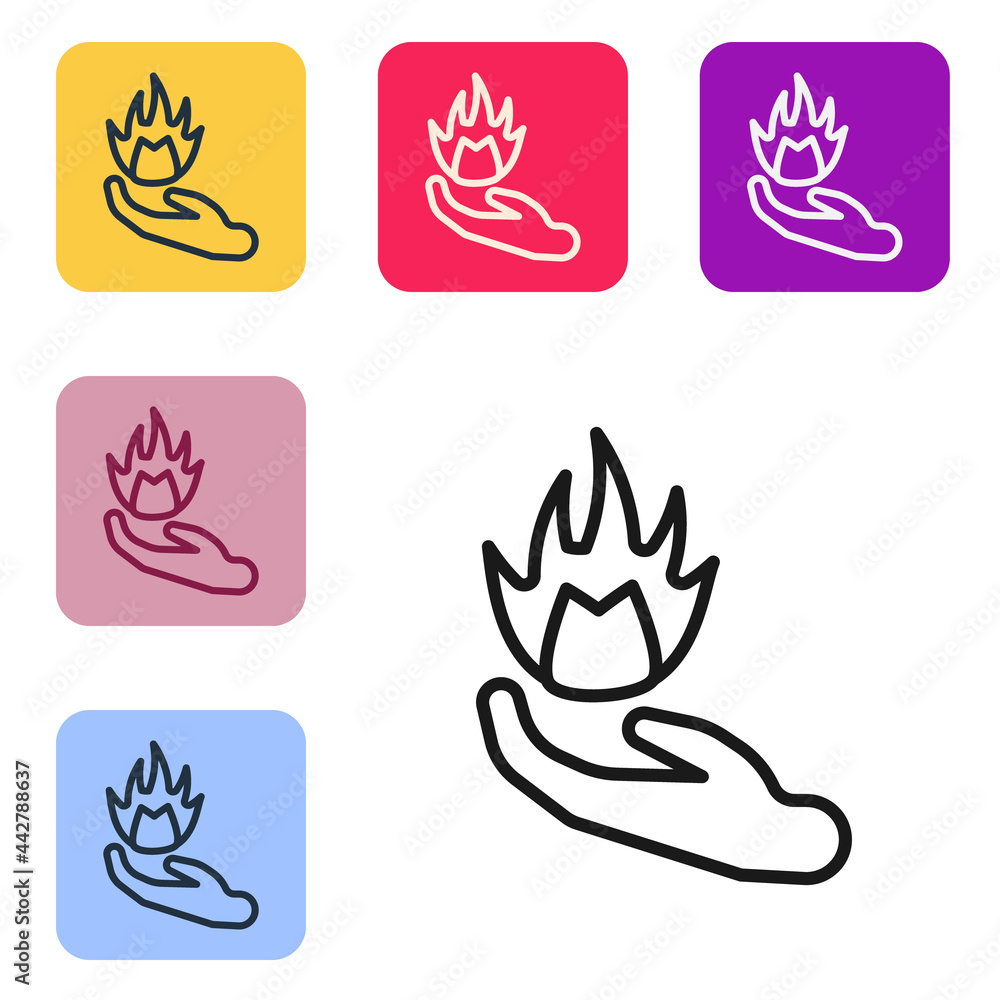 Poster black line hand holding a fire icon isolated on white background. set icons in color square buttons.