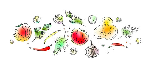 Hand drawn vegetable set, cartoon style vector illustration isolated on white background. Fresh, organic, delicious vegetables, healthy vegetarian food. Vegan menu. Tomato, eggplant, pumpkin, garlic..