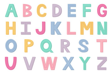 English alphabet for children. Colorful capital letters. Pink, yellow, blue, purple letters. Vector illustration.