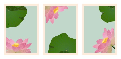 Vector collection of rectangular botanical backgrounds with lotus flowers and leaves. Background design for social media posting, wall prints, canvas prints, posters, home decor. 