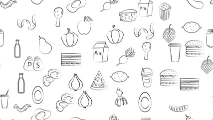 Endless green seamless pattern of delicious food and snack items icons set for restaurant bar cafe: sandwich, cheese, lemonade, popcorn, garlic, eggplant, chicken, fruits, vegetables. The background