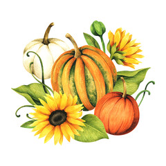 Watercolor floral design card with pumpkins and flowers. Autumn illustration.