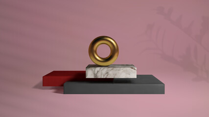 Abstract gold torus on luxury mock up stage. Platform vector 3d render podium on pink background in 3d style. Cosmetic background podium. Platform studio vector illustration.