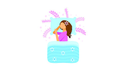 Abstract Flat Girl Woman Sleeping With Pillow And Blanket Cartoon People Character Concept Illustration Vector Design Style With Leaves Relax And Peaceful Dream