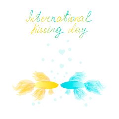 International Kissing Day lettering with watercolor loving fishes