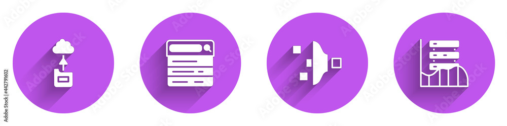 Poster Set Cloud technology data transfer, Search engine, Filter setting and Server, Data, Web Hosting icon with long shadow. Vector