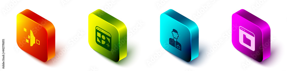 Poster set isometric filter setting, different files, analyst engineer and browser icon. vector