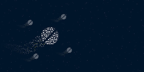 Fototapeta na wymiar A pill symbol filled with dots flies through the stars leaving a trail behind. Four small symbols around. Empty space for text on the right. Vector illustration on dark blue background with stars