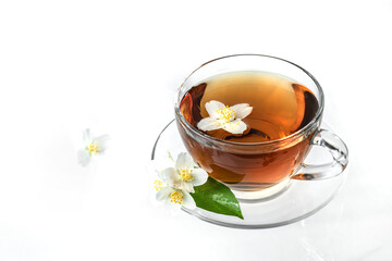 Glass cup with freshly brewed fragrant green jasmine tea. Decorated with jasmine flowers. White background, copyspace