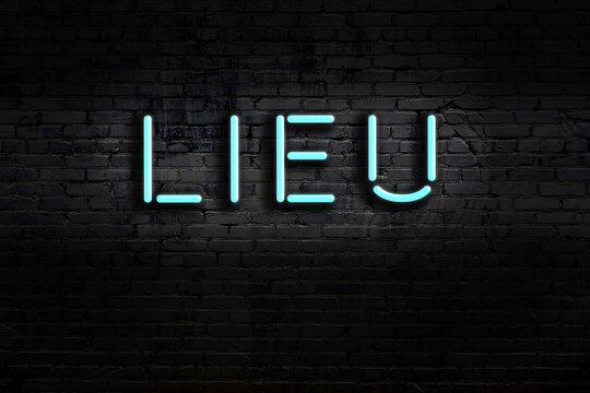 Neon sign. Word lieu against brick wall. Night view