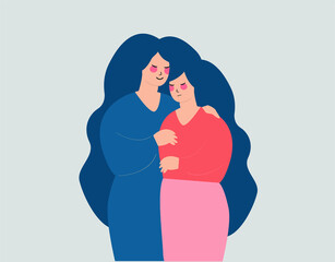Mother supports her stressed and depressed daughter. Woman comforts and takes care of her best friend from problems and difficult times. True friendship, family support concept. Vector illustration