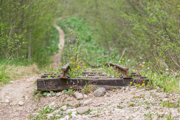 Flood-destroyed narrow gauge railway in the Guam canyon. Western Caucasus.
