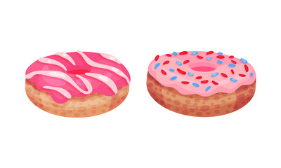 Pink Desserts with Doughnut and Sugar Glaze Topping Vector Set