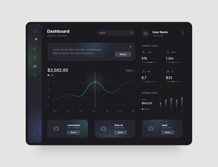 Dashboard design in dark colors. App interface with UI and UX elements. Use design for web application, desktop or mobile app.