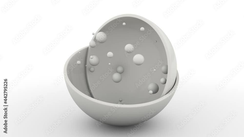 Poster 3d loop animation of the white halves of the sphere. inside there are a lot of balls of different si