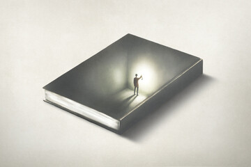 illustration of man inside a book, surreal optical illusion educational concept - obrazy, fototapety, plakaty
