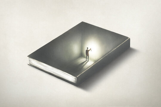Fototapeta illustration of man inside a book, surreal optical illusion educational concept