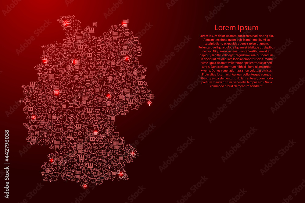 Poster germany map from red and glowing stars icons pattern set of seo analysis concept or development, bus