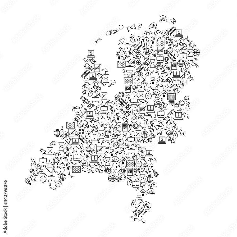 Poster netherlands map from black pattern set icons of seo analysis concept or development, business. vecto