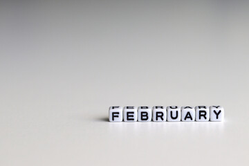 FEBRUARY text on white cubic blocks. The letters are written on the cubes in black letters highlighted on the glass surface. FEBRUARY, text for your design.