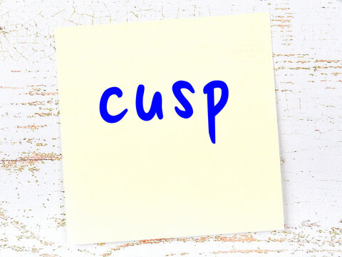 Yellow sticky note on wooden wall with handwritten word cusp