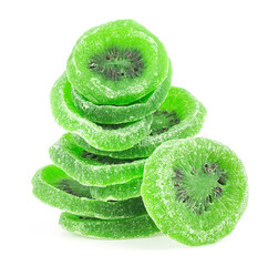 Slices of dried kiwi fruit isolated on a white background. Dried preserved kiwi fruit.