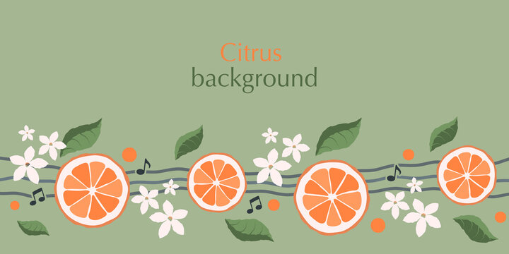 Card with oranges, flowers and musical notes. Space for text, copy space. Vector, illustration