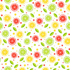 Seamless background. Citrus slices of lime, lemon, red orange and green leaves on a white background. Banner for printing on textiles, packaging. Vector, illustration