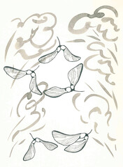 Maple helicopters with delicate translucent wings fly smoothly among the foliage. This creates a romantic fall look. Illustration for giving autumn mood to printed materials and an Internet account