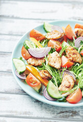Healthy Salad with Chicken Breast, Cherry Tomatoes, Cucumber, Orange Pepper, Endive and Red Onion. Close up. 
