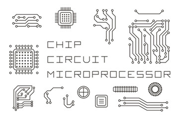 A set of linear elements for creating microcircuits. Microchips, processors, motherboard parts. Vector illustration on the topic of computers, informatics, technology. Isolated on white background