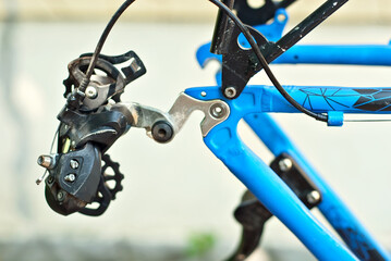 Wheel, chain and companion close up. Bicycle spare parts. Bicycle repair.