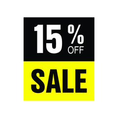 15% off. Yellow and black banner with fifteen percent discount for mega big sales.