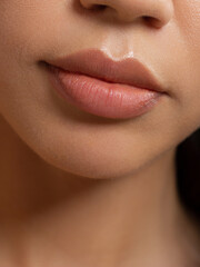Sexual full lips. Natural gloss of lips and woman's skin. The mouth is closed. Increase in lips,...