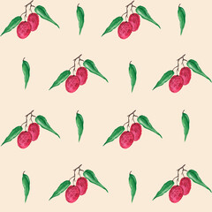 Lychee tropical fruits with leaves on a gentle background. Ripe exotic berries watercolor seamless pattern. For printing on textiles, packaging, menu design.