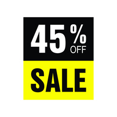 45% off. Yellow and black banner with forty-five percent discount for mega big sales.