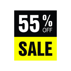 55% off. Yellow and black banner with fifty-five percent discount for mega big sales.