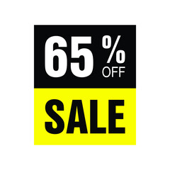 65% off. Yellow and black banner with sixty-five percent discount for mega big sales.