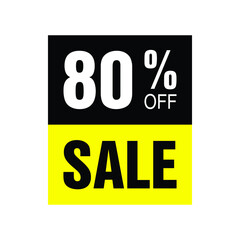 80% off. Yellow and black banner with eighty percent discount for mega big sales.