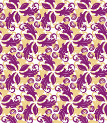 Colored vector ornament. Seamless abstract classic background with purple and golden leaves. Pattern with repeating floral elements. Ornament for fabric, wallpaper and packaging