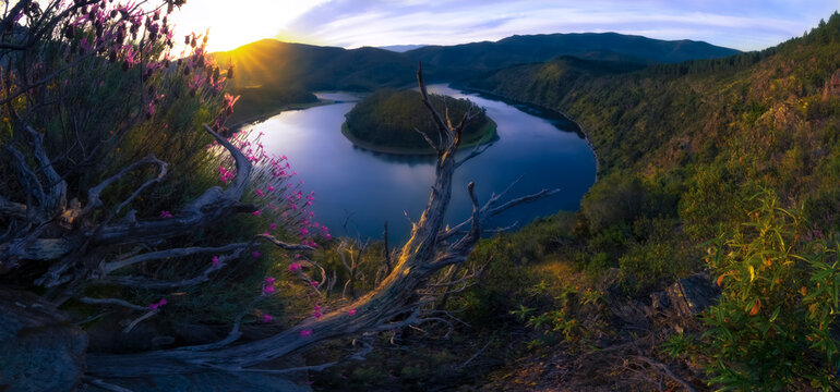 spring view of the valley of the meander of Melero at sunrise, flowers