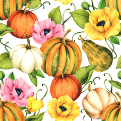 Watercolor illustration with pumpkins and sunflowers. Seamless watercolor pattern for design of wallpaper, fabric, wrapping paper and more.