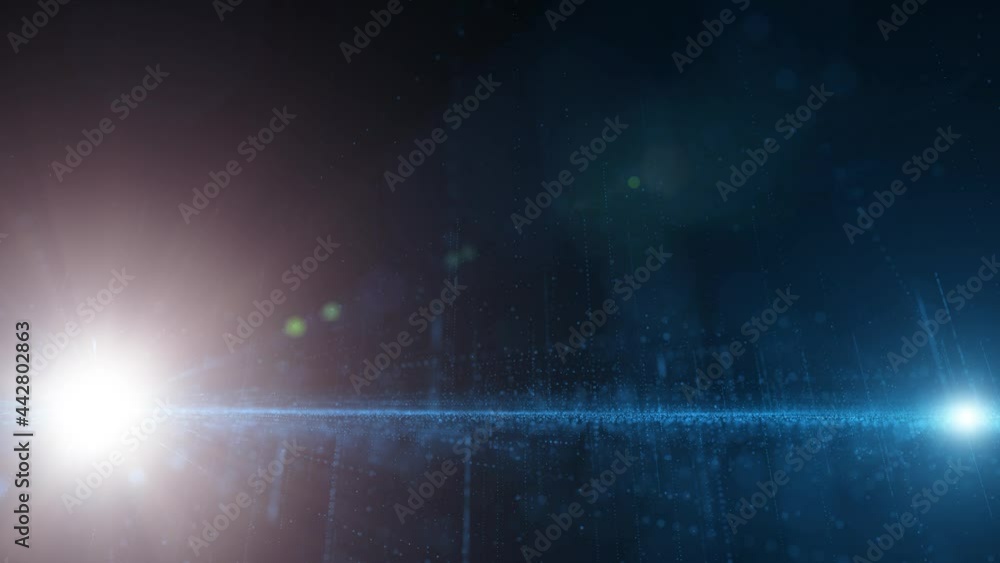 Poster loop features animated technology based shapes, connected white lines and blurry dots on a blue back