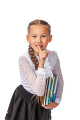 A schoolgirl in a white blouse holds books and notebooks in her hands, smiling. A girl in a school...